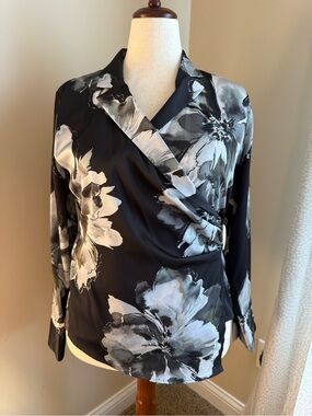 Donna Karan Black Floral Wrap Blouse